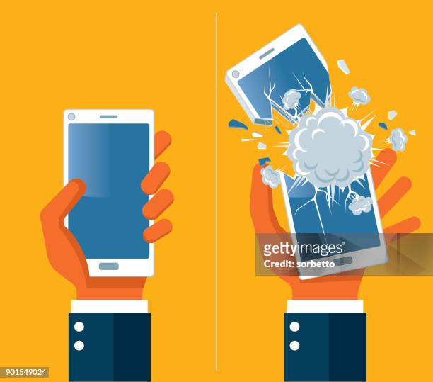 ilustraciones, imágenes clip art, dibujos animados e iconos de stock de explosión de smartphone - business man smartphone tablet