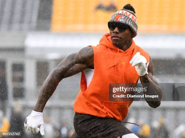 Wide receiver Josh Gordon of the Cleveland Browns runs a route prior to a game on December 31, 2017 against the Pittsburgh Steelers at Heinz Field in...