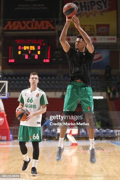 Axel Toupane, #6 of Zalgiris Kaunas and Paulius Valinskas, #66 of Zalgiris Kauna warm up during the 2017/2018 Turkish Airlines EuroLeague Regular...