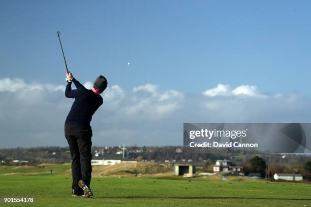 Mark Benka of Lady Margaret Hall Oxford plays off the fifth tee in his match against Matthew Wells of Balliol College Oxford during the Oxford and...