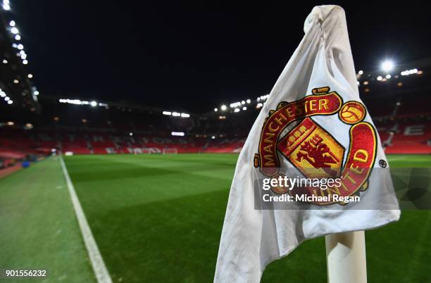 General view of a corner flag inside the stadium prior to the Emirates FA Cup Third Round match between Manchester United and Derby County at Old...