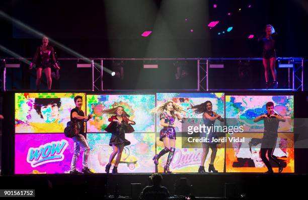Jorge Lopez, Ana Jara, Karol Sevilla, Valentina Zenere and Ruggero Pasquarelli perform on stage during Disney show Soy Luna at Palau Sant Jordi on...