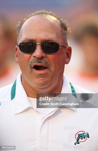 Head Coach Tony Sparano of the Miami Dolphins shouts instructions to his team during the game against the Carolina Panthers during a preseason game...