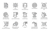 Line icons of identity biometric verification. 15 label of authentication technology in mobile phones and other devices