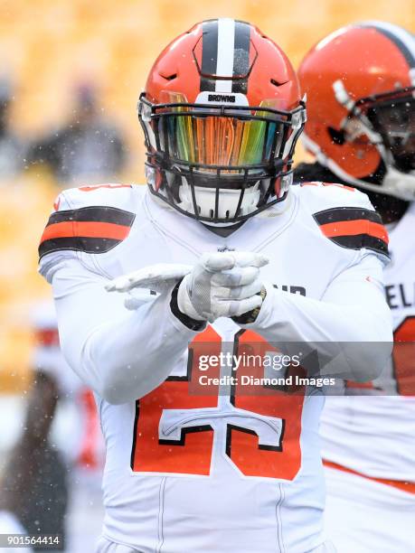 Running back Duke Johnson Jr. #29 of the Cleveland Browns walks onto the field prior to a game on December 31, 2017 against the Cleveland Browns...