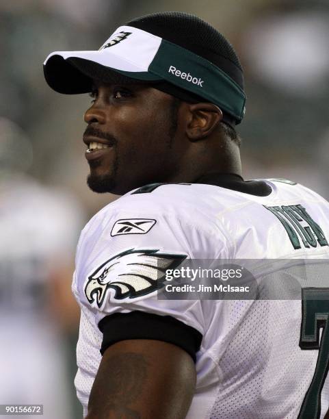 Michael Vick of the Philadelphia Eagles looks on against the Jacksonville Jaguars in the preseason game at Lincoln Financial Field on August 27, 2009...