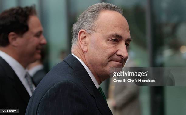 Sen. Chuck Schumer arrives at a memorial for U.S. Sen. Edward Kennedy at the John F. Kennedy Presidential Library August 28, 2009 in Boston,...