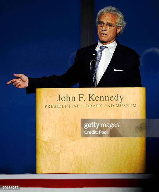 Joseph P. Kennedy II speaks at a memorial for U.S. Sen. Edward Kennedy at the John F. Kennedy Library August 28, 2009 in Boston, Massachusetts....