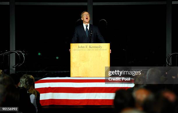 Former aide Nick Littlefield sings at a memorial for U.S. Sen. Edward Kennedy at the John F. Kennedy Library August 28, 2009 in Boston,...