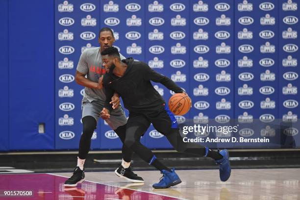 Jamil Wilson of the Agua Caliente Clippers drives to the basket during practice at the Los Angeles Clippers Training Center on December 27, 2017 in...