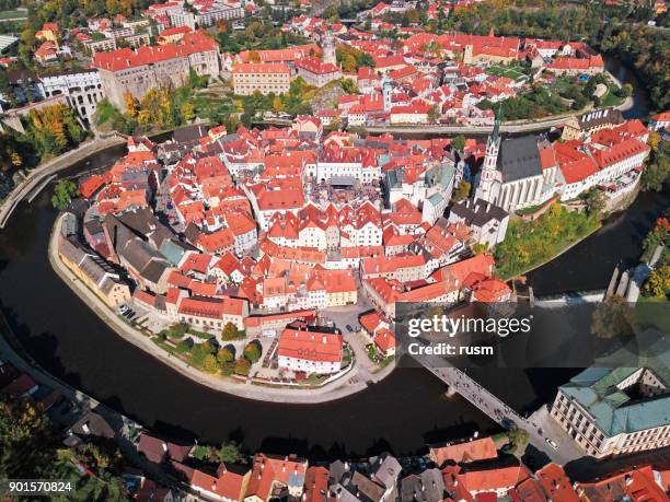 aerial panorama of cesky krumlov - cesky krumlov autumn stock pictures, royalty-free photos & images