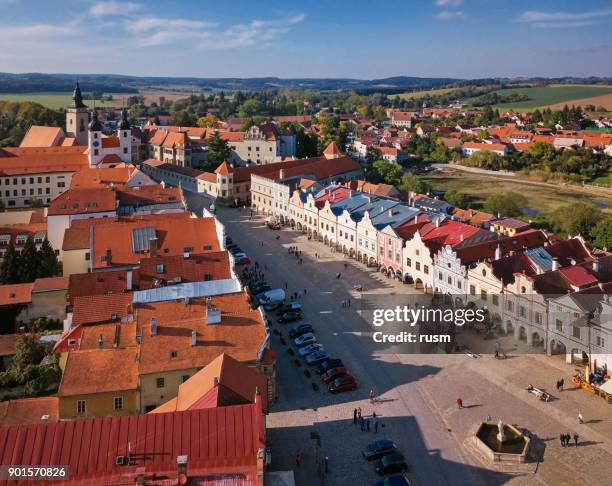 aerial panorama of old town telc, southern moravia, czech republic - czech republic autumn stock pictures, royalty-free photos & images