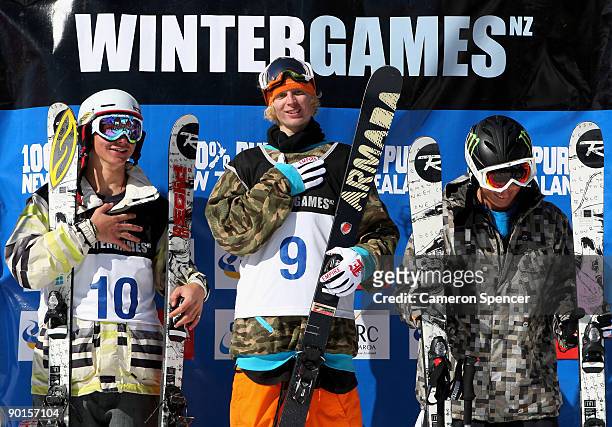 Silver medalist David Wise of the United States of America, gold medalist Seaton Taylor of the United States of America and bronze medalist Xavier...