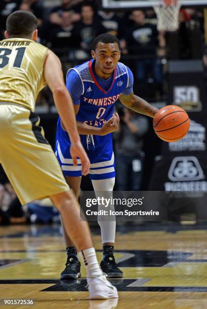 Tennessee State Tigers guard Armani Chaney brings the ball up the court during the college basketball game between the Tennessee State Tigers and the...