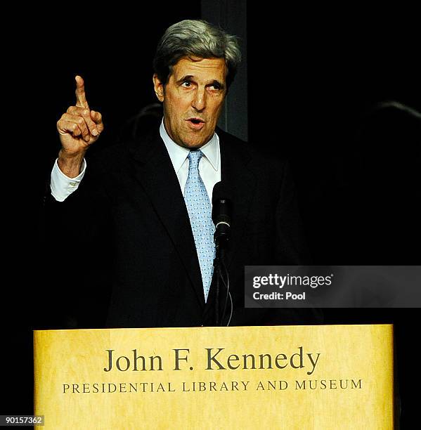 Sen. John Kerry speaks at a memorial for U.S. Sen. Edward Kennedy at the John F. Kennedy Library August 28, 2009 in Boston, Massachusetts. Kennedy,...