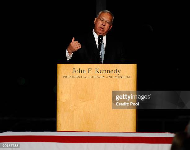 Boston Mayor Thomas Menino speaks at a memorial for U.S. Sen. Edward Kennedy at the John F. Kennedy Library August 28, 2009 in Boston, Massachusetts....