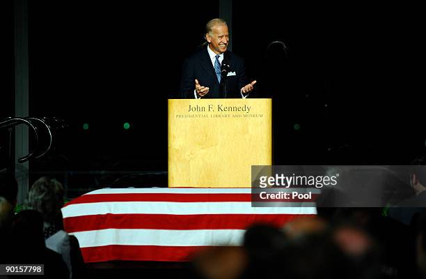 Vice President Joe Biden speaks at a memorial for U.S. Sen. Edward Kennedy at the John F. Kennedy Library August 28, 2009 in Boston, Massachusetts....