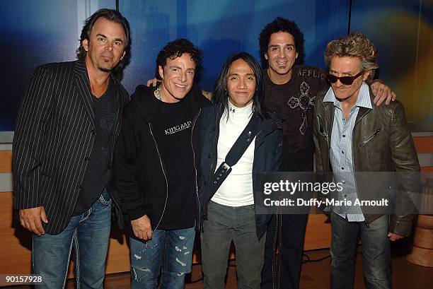 Musicians Jonathan Cain, Neal Schon, Arnel Pineda, Deen Castronovo and Ross Valory of Journey performs on CBS' "The Early Show" at CBS Early Show...