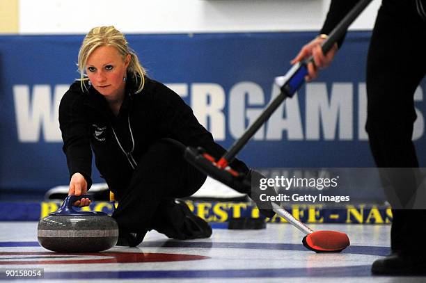 Brydie Donald of New Zealand competes in the Women's Curling during day eight of the Winter Games NZ at Maniototo Ice Rink on August 29, 2009 in...
