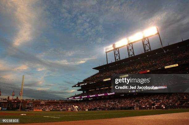 Tim Lincecum of the San Francisco Giants pitches against the Colorado Rockies during a Major League Baseball game at AT&T Park on August 28, 2009 in...