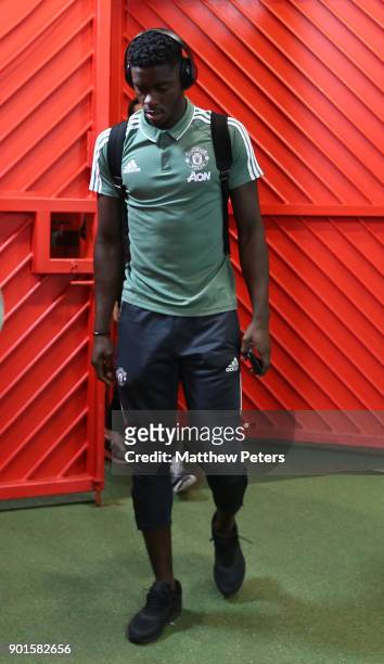 Axel Tuanzebe of Manchester United arrives ahead of the Emirates FA Cup Third Round match between Manchester United and Derby County at Old Trafford...