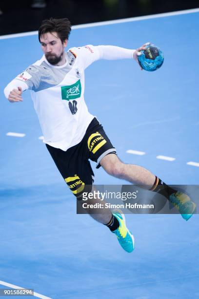 Fabian Wiede of Germany tries to score during the International Handball Friendly match between Germany and Iceland at Porsche Arena on January 5,...