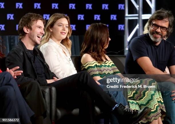 Actors Dan Stevens, Rachel Keller, Aubrey Plaza and Jemaine Clement speak onstage during the FOX/FX portion of the 2018 Winter Television Critics...