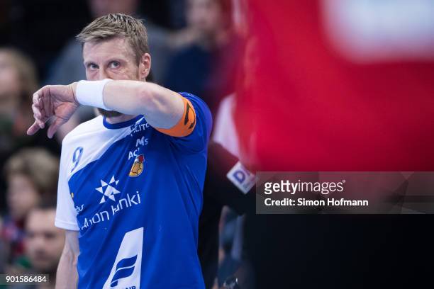 Gudjon Sigurdsson of Iceland reacts during the International Handball Friendly match between Germany and Iceland at Porsche Arena on January 5, 2018...