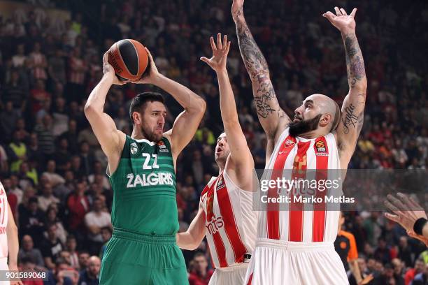 Vasilije Micic, #22 of Zalgiris Kaunas competes with Pero Antic, #12 of Crvena Zvezda mts Belgrade during the 2017/2018 Turkish Airlines EuroLeague...