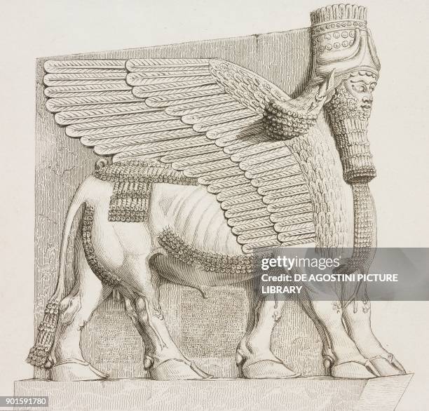 Colossal winged bull from Nineveh, Mesopotamia, Iraq, at the Louvre Museum in Paris, engraving by Lemaitre from Chaldee, Assyrie, Medie, Babylonie,...