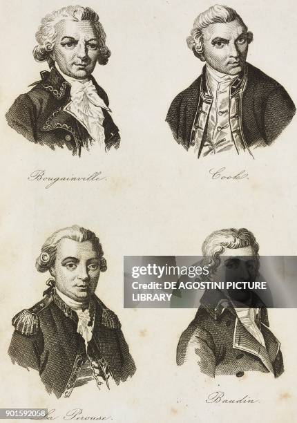 Louis Antoine, Count of Bougainville , James Cook , Jean-Francois de La Perouse and Nicolas-Thomas Baudin , Navigators and Explorers, engraving from...