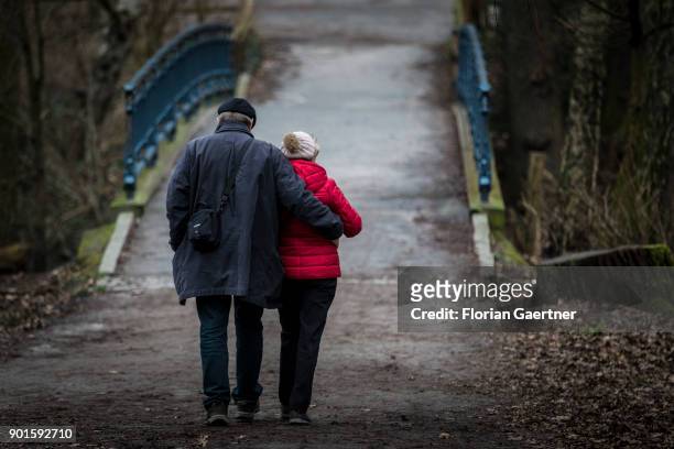 Couple walks through a forest on January 05, 2018 in Berlin, Germany.