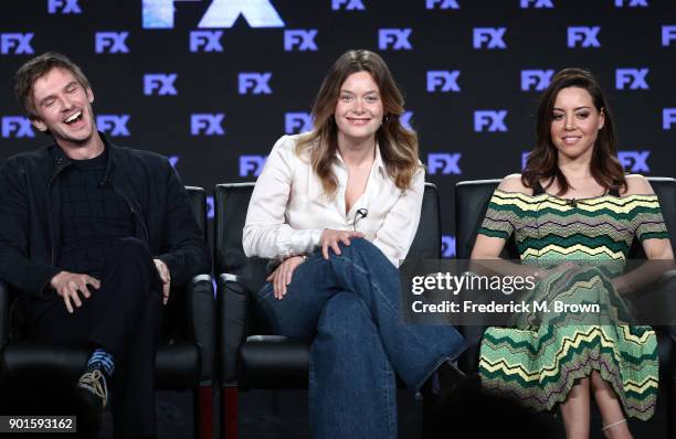 Actors Dan Stevens, Rachel Keller, and Aubrey Plaza of the television show LEGION speak onstage during the FOX/FX portion of the 2018 Winter...