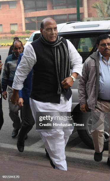 Leader and home minister Rajnath Singh during the last day of the parliament winter session at Parliament House on January 5, 2018 in New Delhi,...