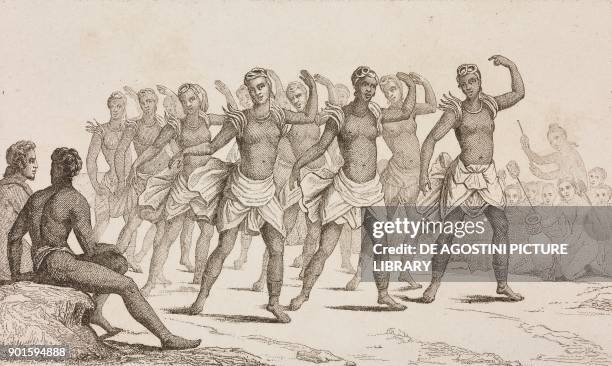 Women's dance, Hawaii Islands, engraving by Danvin and Mariage from Oceanie ou Cinquieme partie du Monde, Revue Geographique et Ethnographique de la...