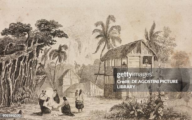Village of Pitcairn Island, Polynesia, engraving by Danvin and Emile Lejeune from Oceanie ou Cinquieme partie du Monde, Revue Geographique et...