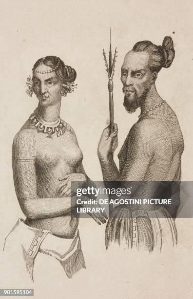 Labeleloa, chief of Koutousoff Islands, and noble woman, Polynesia, engraving by Danvin and Mariage from Oceanie ou Cinquieme partie du Monde, Revue...