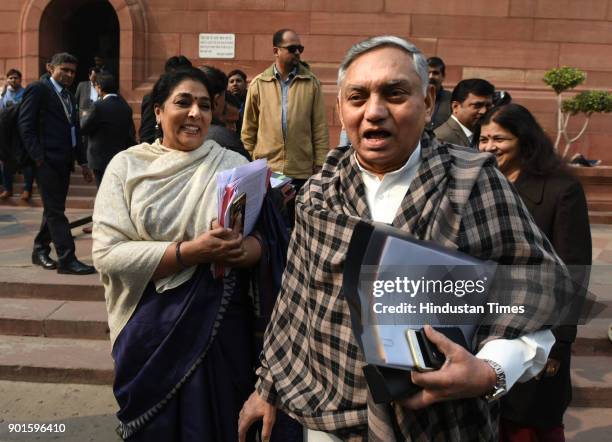 Congress leader Janardhan Dwivedi and Renuka Chaudhary share light moment during the last day of the parliament winter session at Parliament House on...