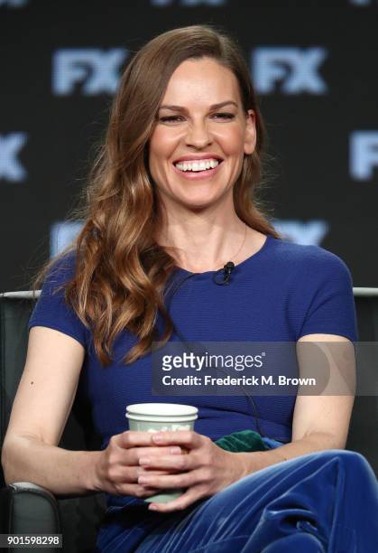 Actress Hilary Swank of the television show TRUST speaks onstage during the FOX/FX portion of the 2018 Winter Television Critics Association Press...