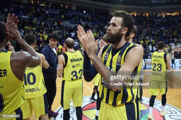 Luigi Datome, #70 of Fenerbahce Dogus celebrates after the 2017/2018 Turkish Airlines EuroLeague Regular Season Round 16 game between Fenerbahce...