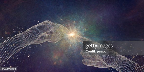 Abstract Particle Hands Touching Fingertips At Point Of Light Abstract Particle Hands Touching Fingertips At Point Of Light