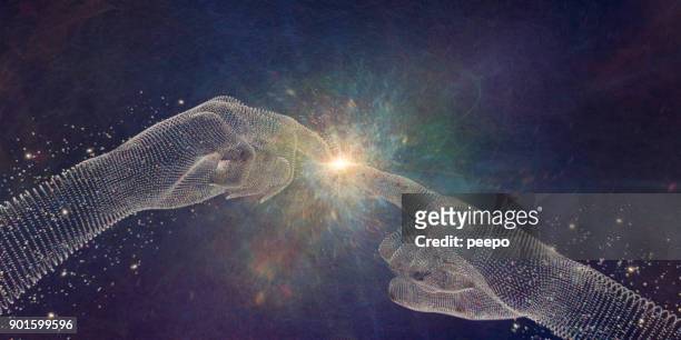 abstract particle hands touching fingertips at point of light - spirituality stock pictures, royalty-free photos & images