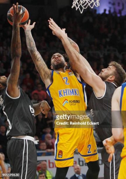 Tyler Honeycutt, #2 of Khimki Moscow Region competes with Dejan Musli, #42 of Brose Bamberg in action during the 2017/2018 Turkish Airlines...