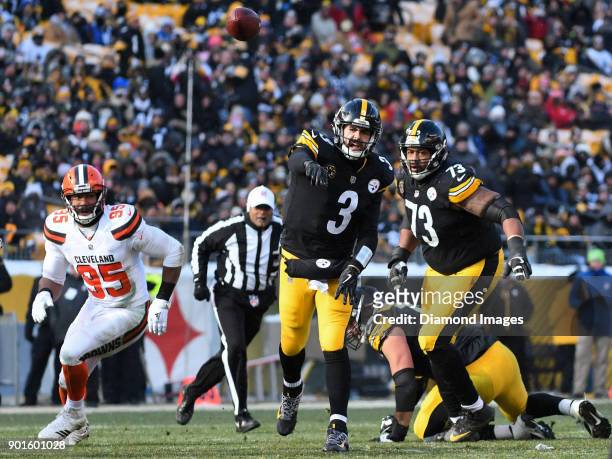 Quarterback Landry Jones of the Pittsburgh Steelers throws a pass in the first quarter of a game on December 31, 2017 against the Cleveland Browns at...