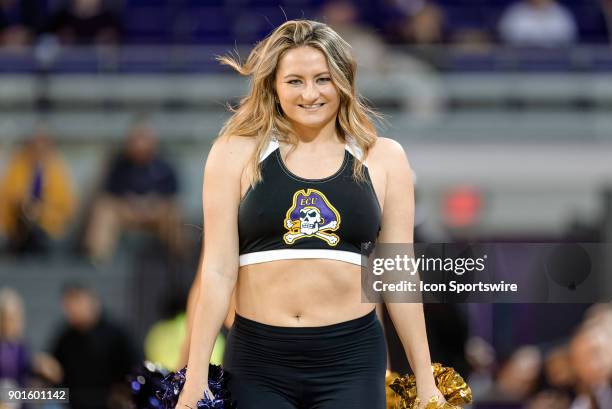 Member of East Carolina Pirates dance team performs during a game between the East Carolina Pirates and the University of Central Florida Knights at...