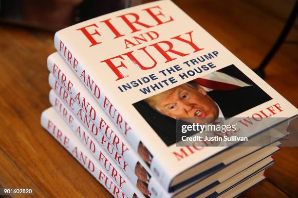 Copies of the book "Fire and Fury" by author Michael Wolff are displayed on a shelf at Book Passage on January 5, 2018 in Corte Madera, California. A...