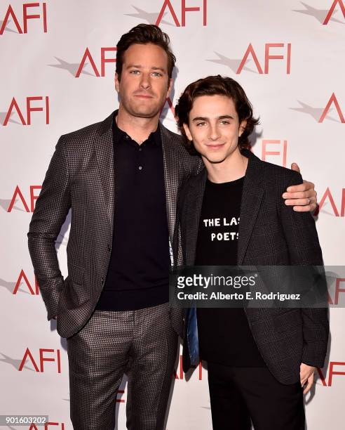 Armie Hammer and Timothee Chalamet attend the 18th Annual AFI Awards at Four Seasons Hotel Los Angeles at Beverly Hills on January 5, 2018 in Los...
