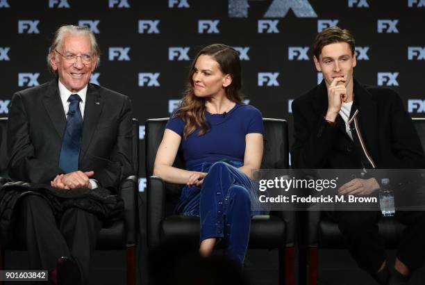 Actors Donald Sutherland, Hilary Swank and Harris Dickinson of the television show TRUST speak onstage during the FOX/FX portion of the 2018 Winter...