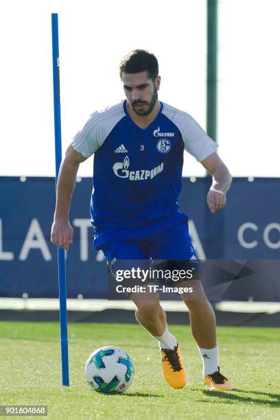 Pablo Insua of Schalke controls the ball during the FC Schalke 04 training camp at Hotel Melia Villaitana on January 04, 2018 in Benidorm, Spain.