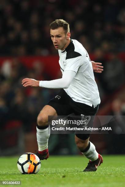 Andreas Weimann of Derby County in action during the Emirates FA Cup Third Round match between Manchester United and Derby County at Old Trafford on...